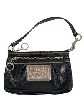 COACH Poppy Black Patent Leather Pleated Clutch Hand Bag Purse Cheetah Liner
